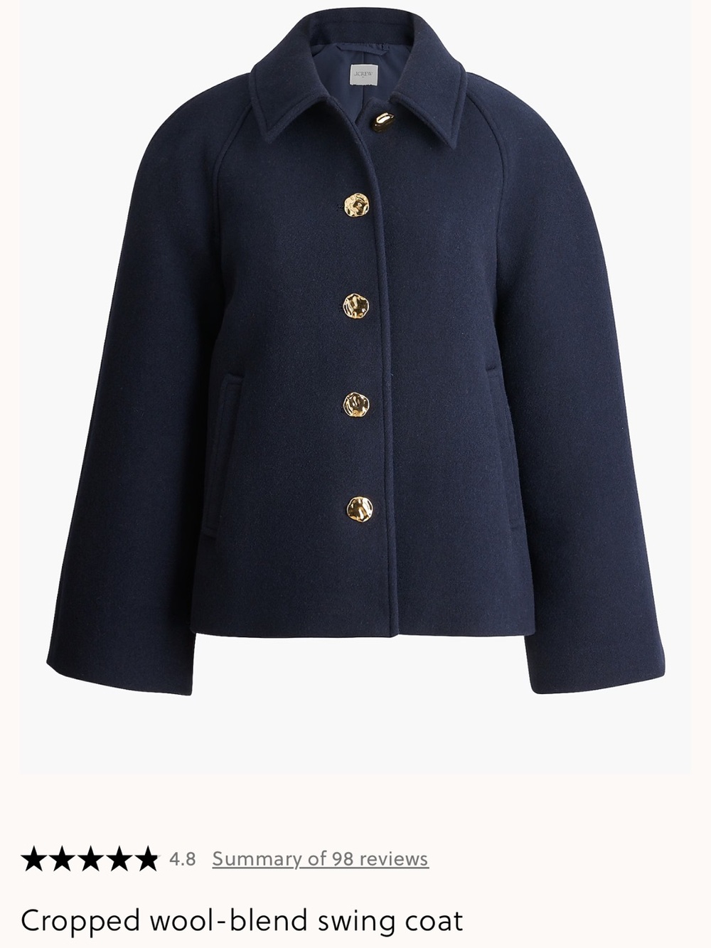J. Crew Navy Wool-Blend Cropped Pea Coat with Gold Buttons